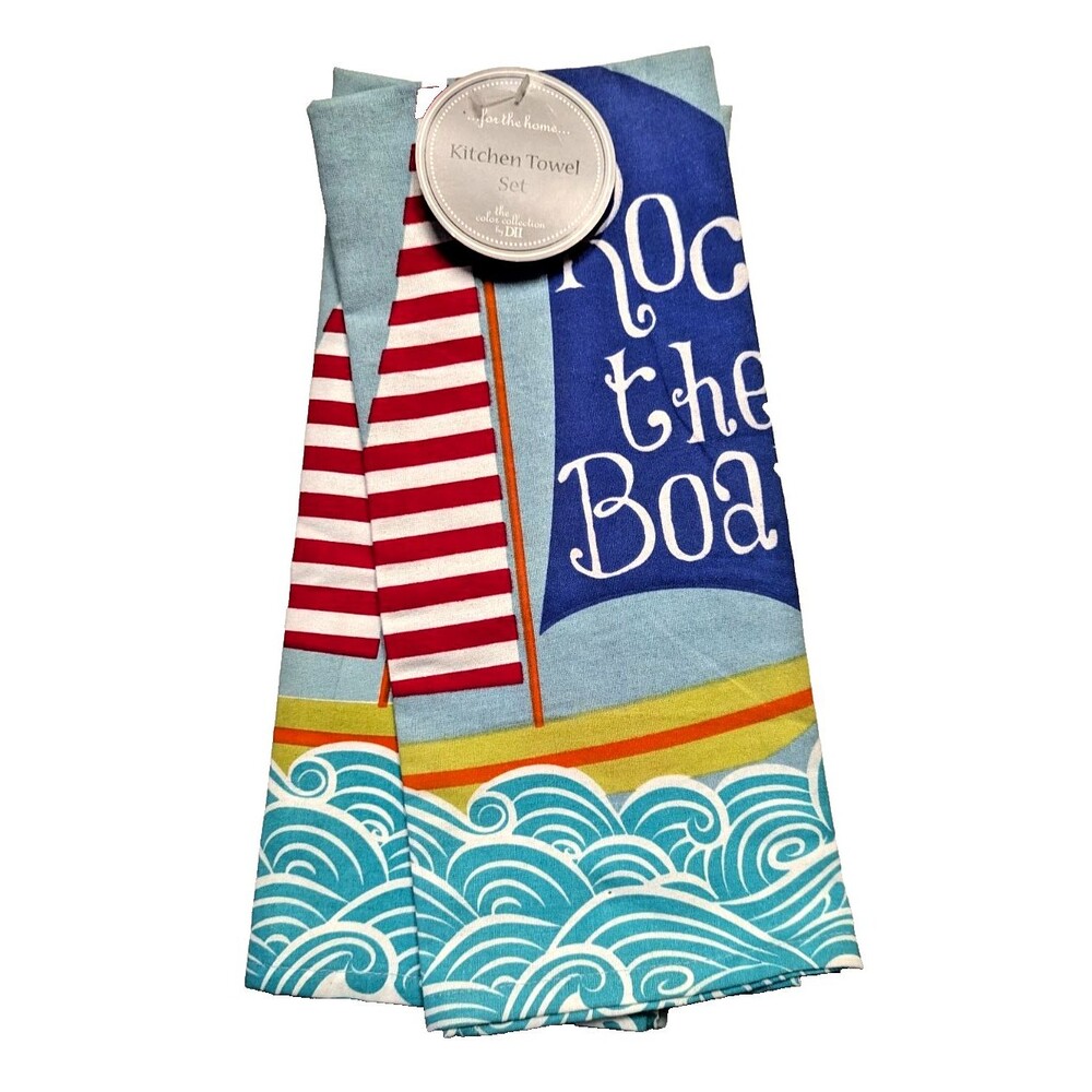 Dii Rock The Boat Kitchen Tea Towels 2-pc Sailboat Cotton 28 x 16-in Gift NEW